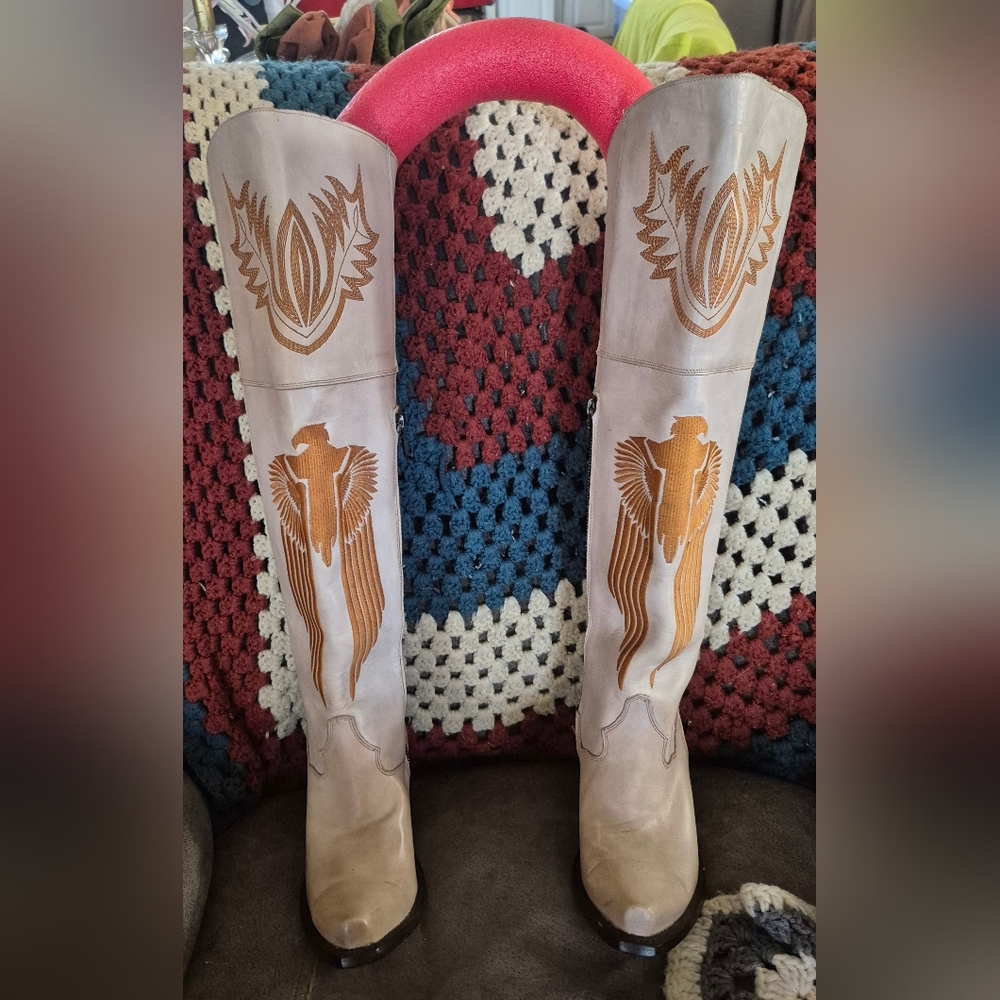 Tan and Brown Embroidered Tall Boots